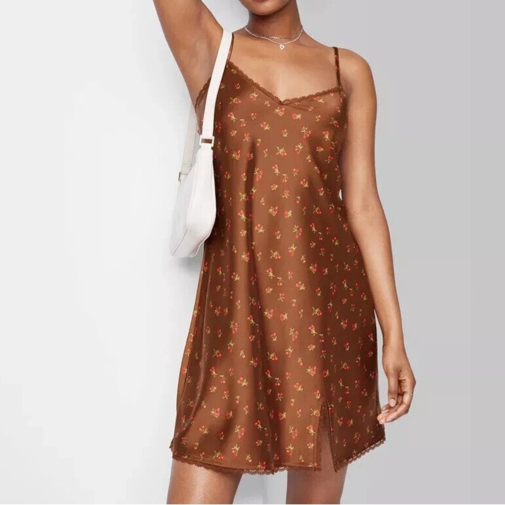 NWT Wild Fable brown and red cherry sexy lingerie or satin slip sleep dress